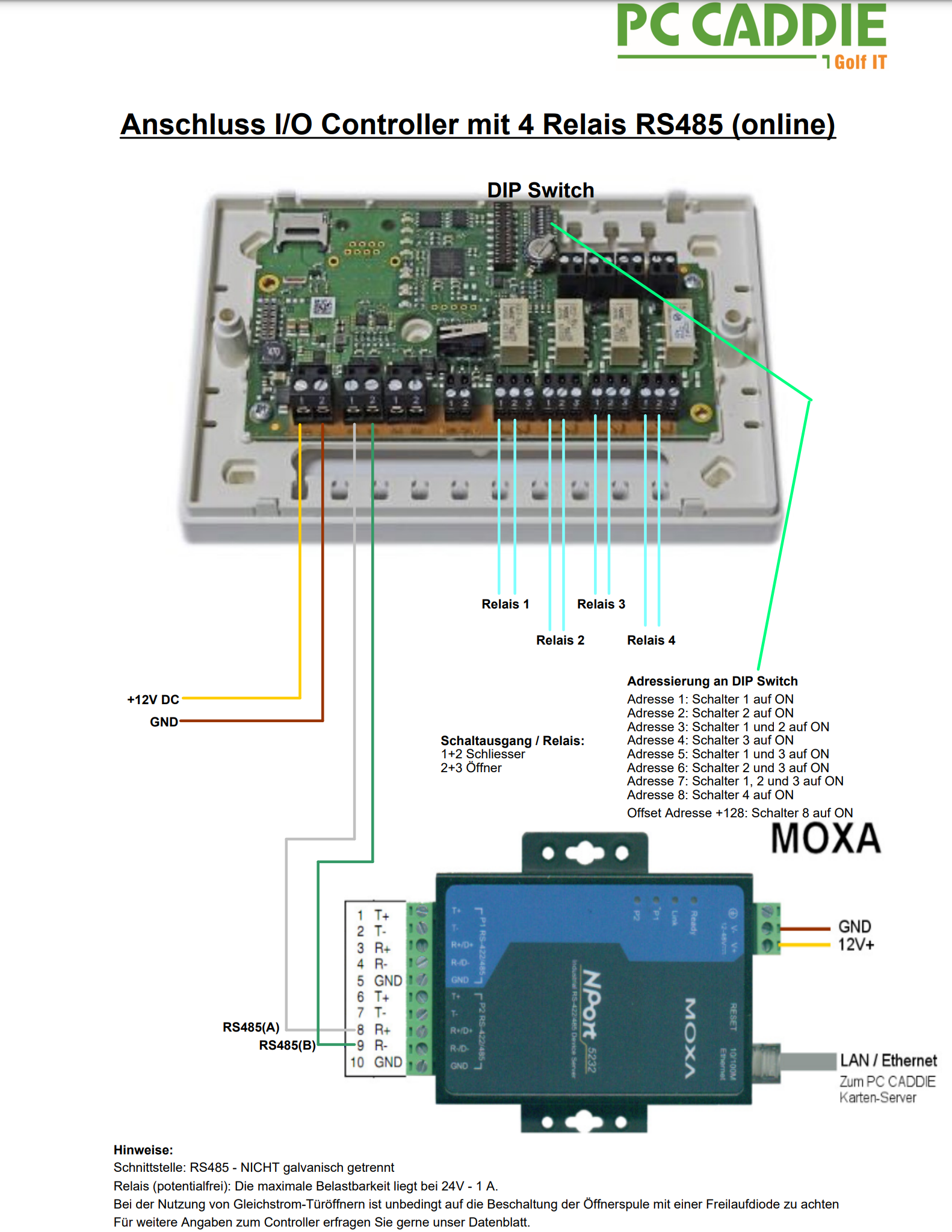 Anschlussplan I/O Controller 4 Relais RS485